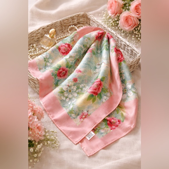 Accessories - Vintage 100% Silk Floral Scarf Made in Japan Pink Cottagecore
